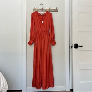 NWT Dress Day Salmon Retro Long Sleeve Maxi Slit Dress w/ Waist Tie - Size L